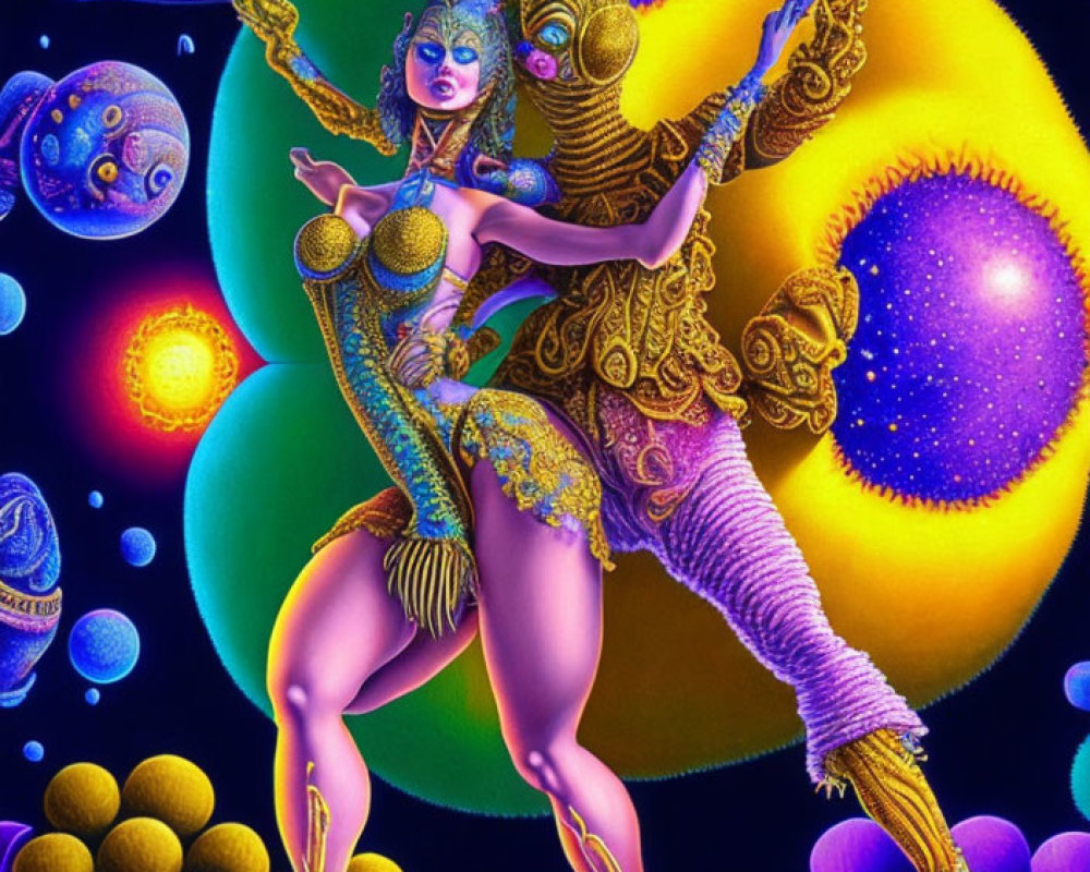 Fantastical female figure in blue and gold armor against cosmic backdrop