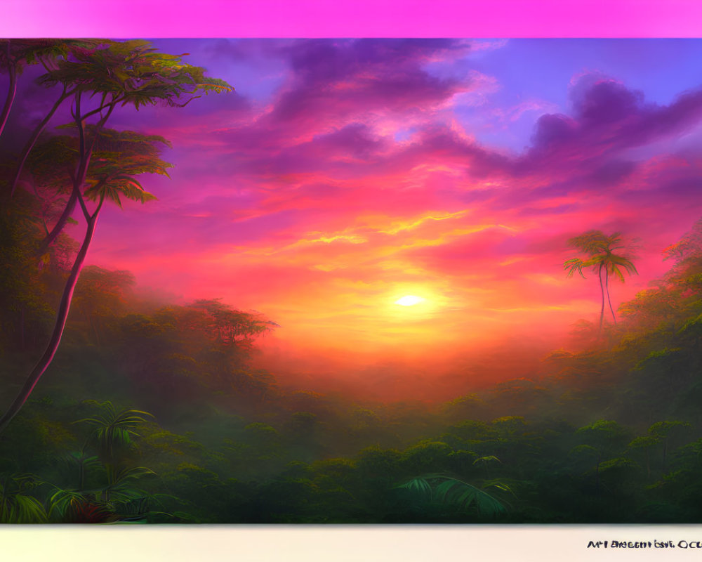 Colorful jungle sunset digital art with lush greenery