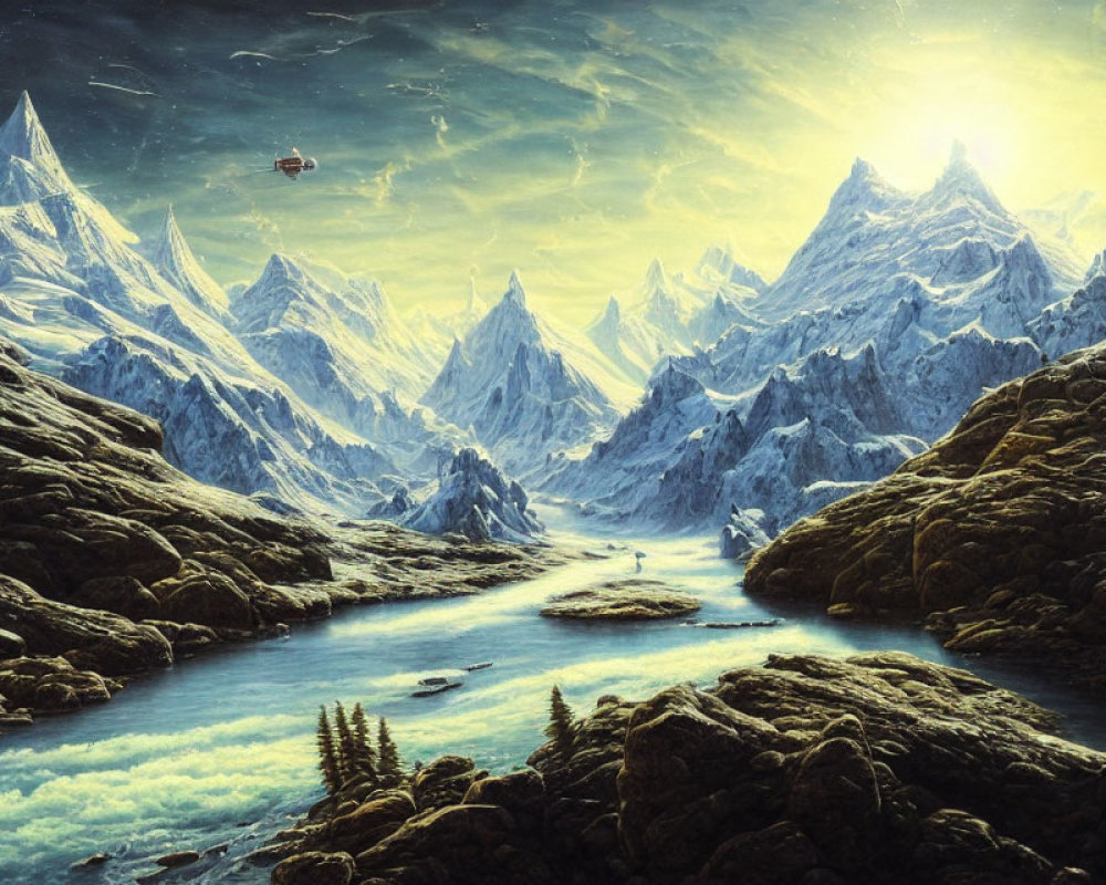 Snowy Peaks and River in Mountain Landscape with Flying Craft