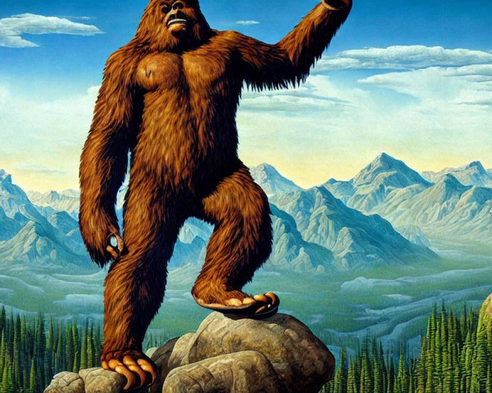 Bigfoot illustration on rocky outcrop with mountain background