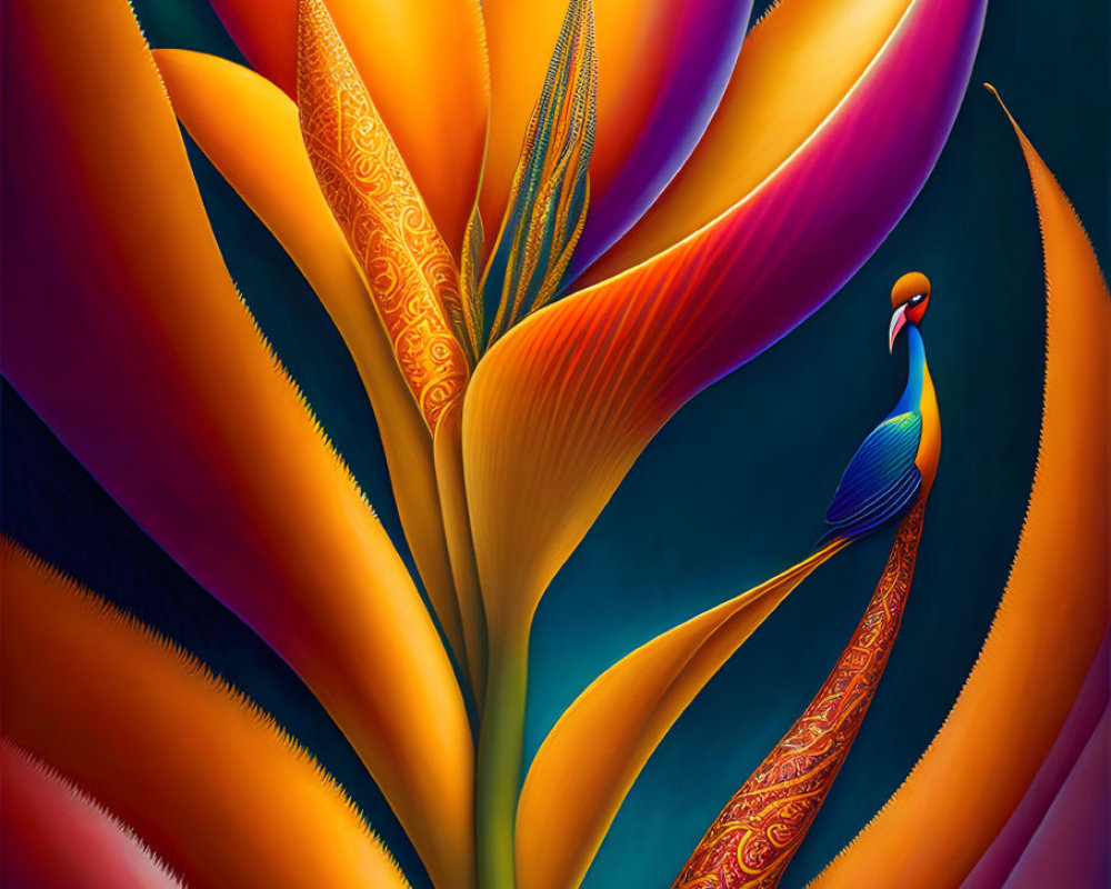 Vivid Abstract Peacock Painting on Flame-like Leaves