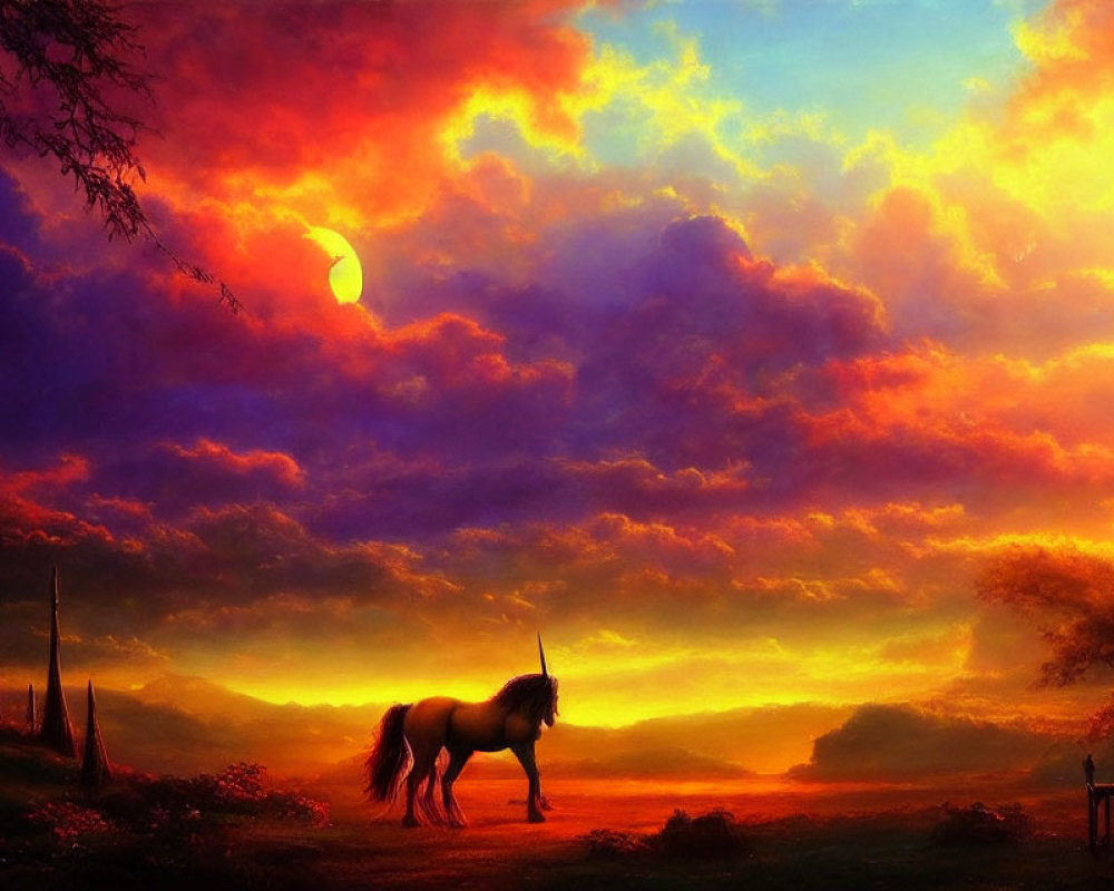 Colorful digital artwork: Unicorn under dramatic sunset sky