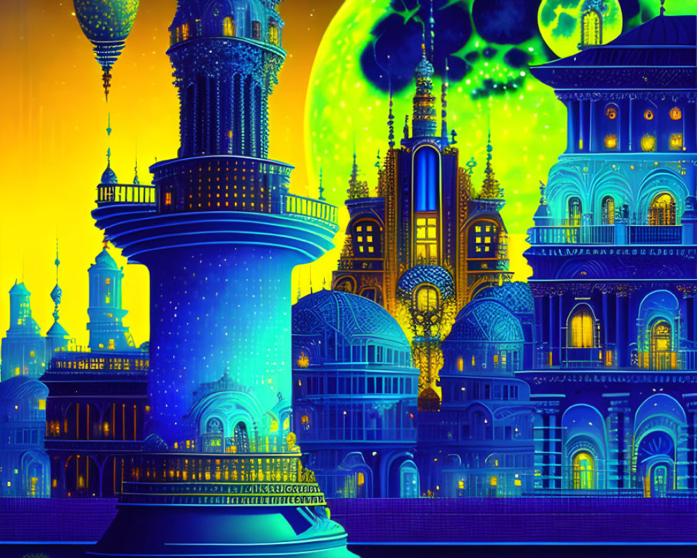 Neon-lit fantasy cityscape with green moon over water