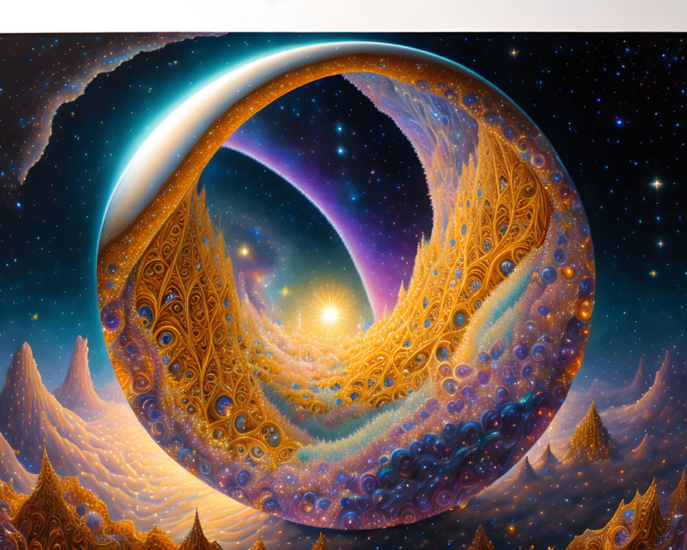 Surreal cosmic illustration: fractal wave, star, ornate patterns, mountainous terrain.