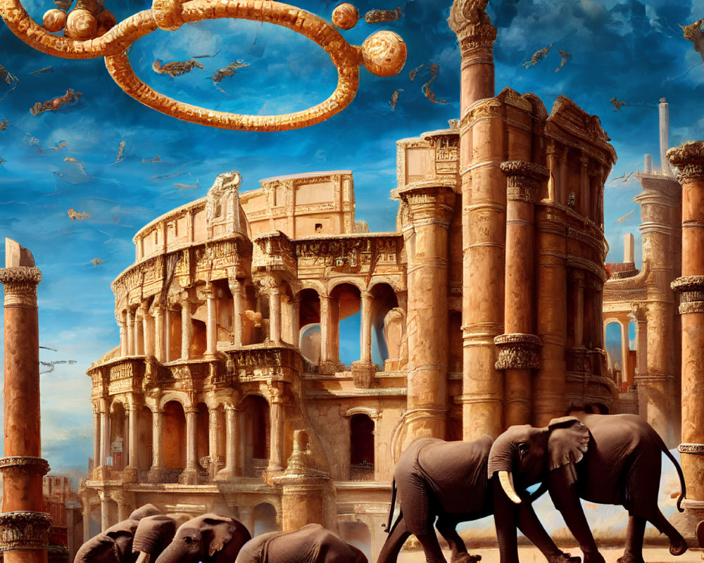 Elephants in front of crumbling Colosseum with golden rings and birds