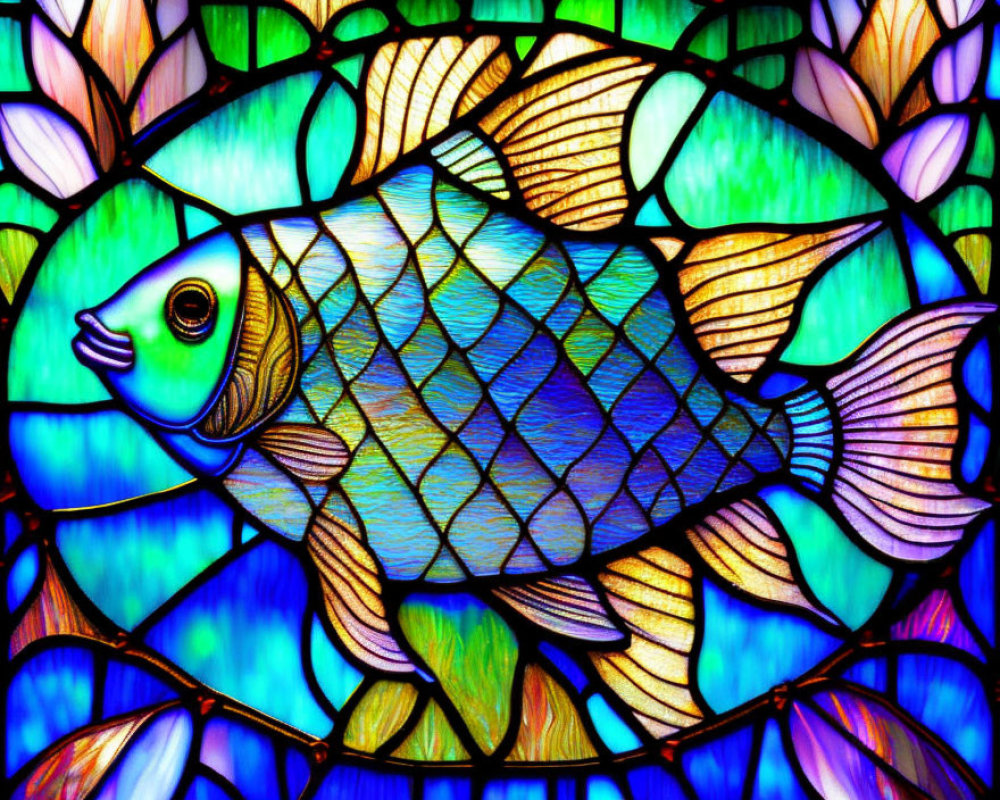 Colorful Stained Glass Fish Design in Blue, Green, and Purple Palette