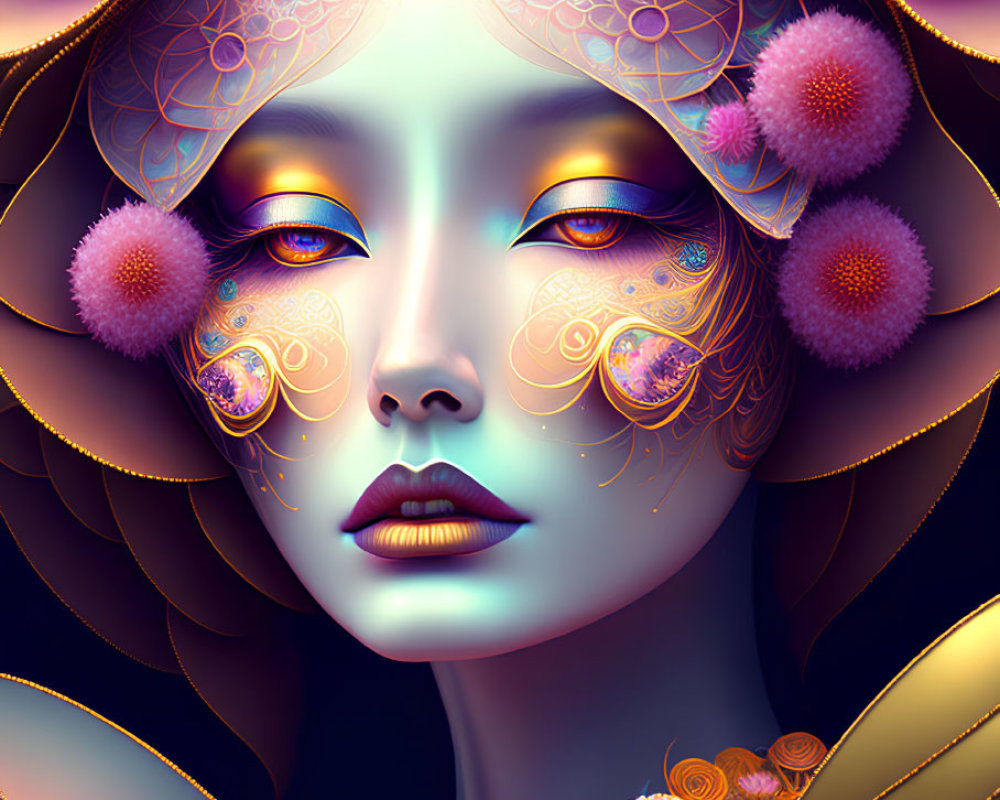 Digital artwork: Woman with stylized makeup and floral embellishments in fantastical, colorful design.