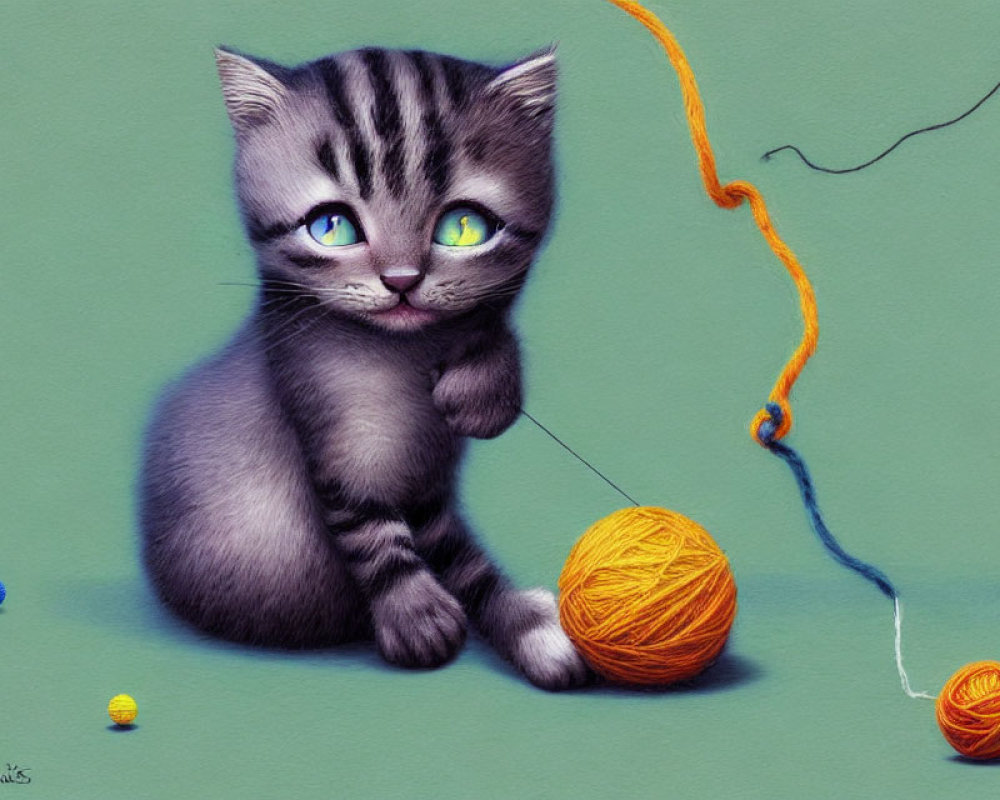 Grey Striped Kitten with Green Eyes and Yarn Ball on Green Background