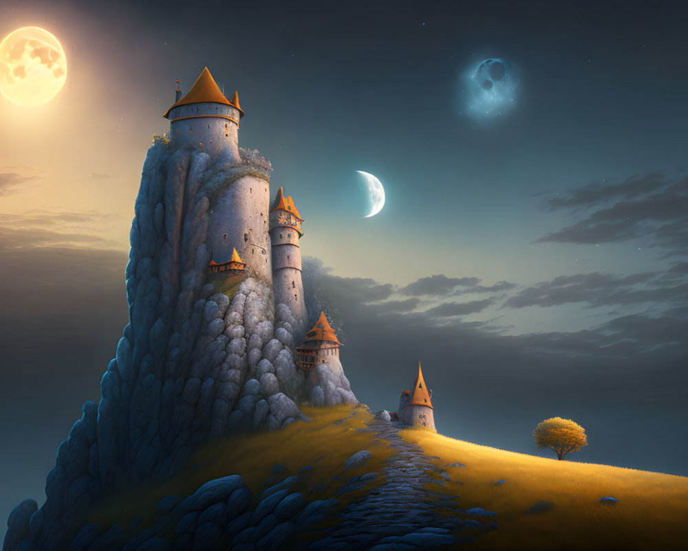 Majestic castle on steep rock under twilight sky with moons and stars