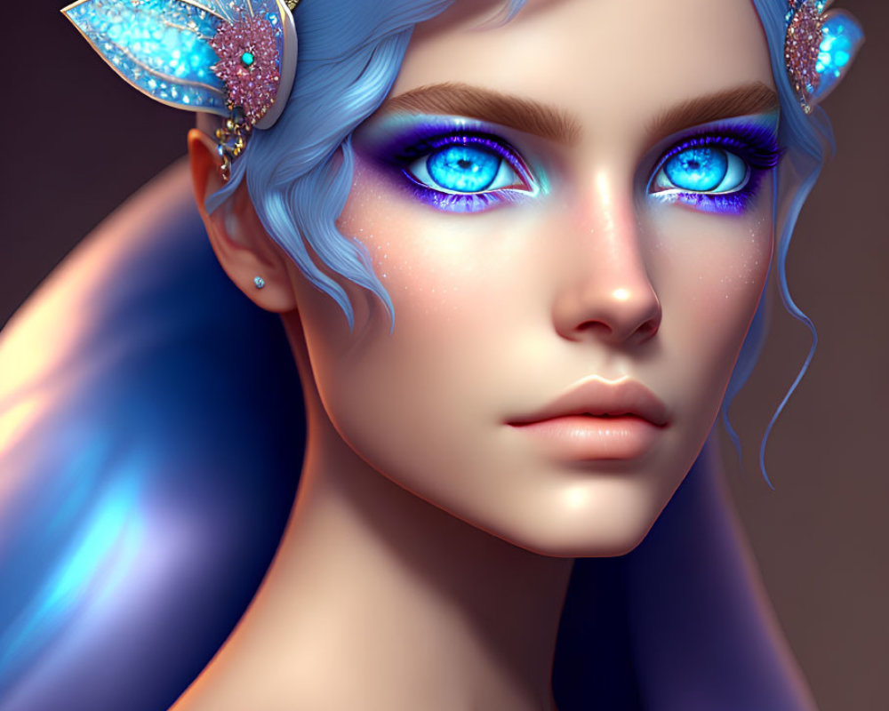 Fantasy female character with blue eyes, jeweled ears, and blue ombre hair