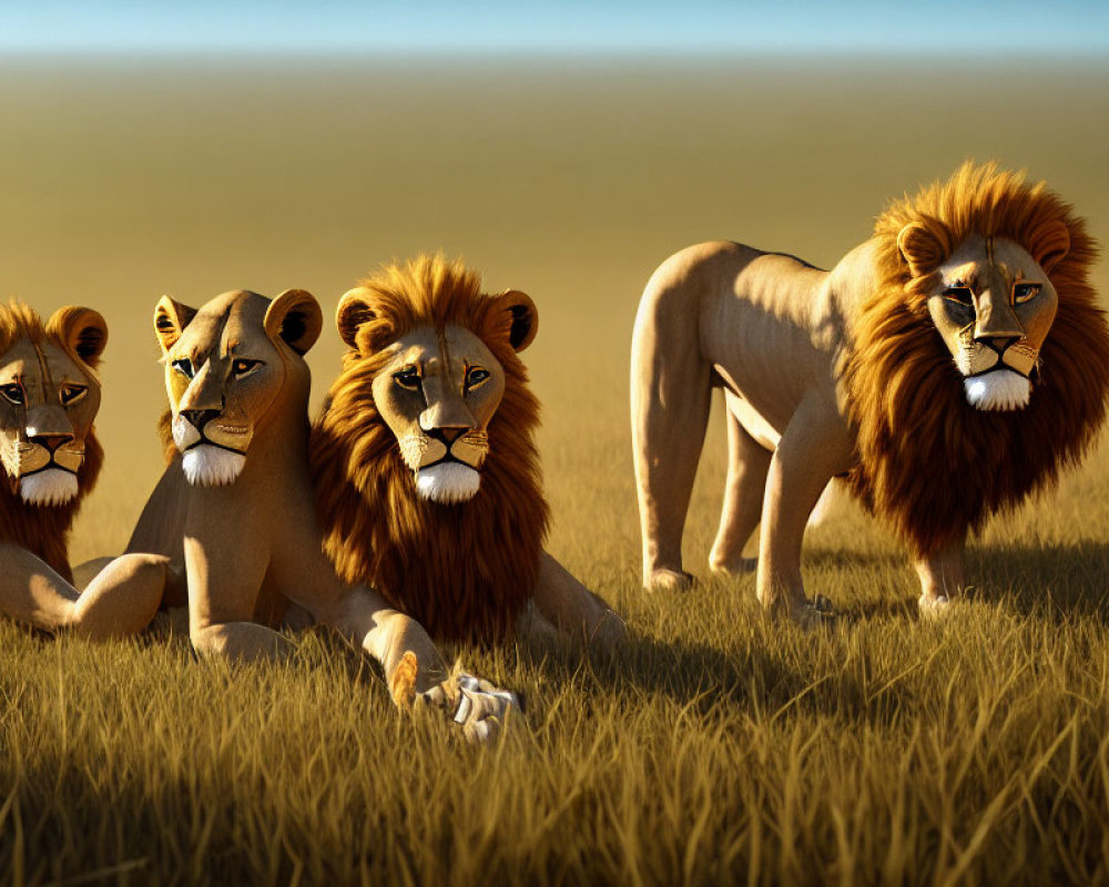 Animated lions resting in savanna, one standing and three seated, exuding pride and calm