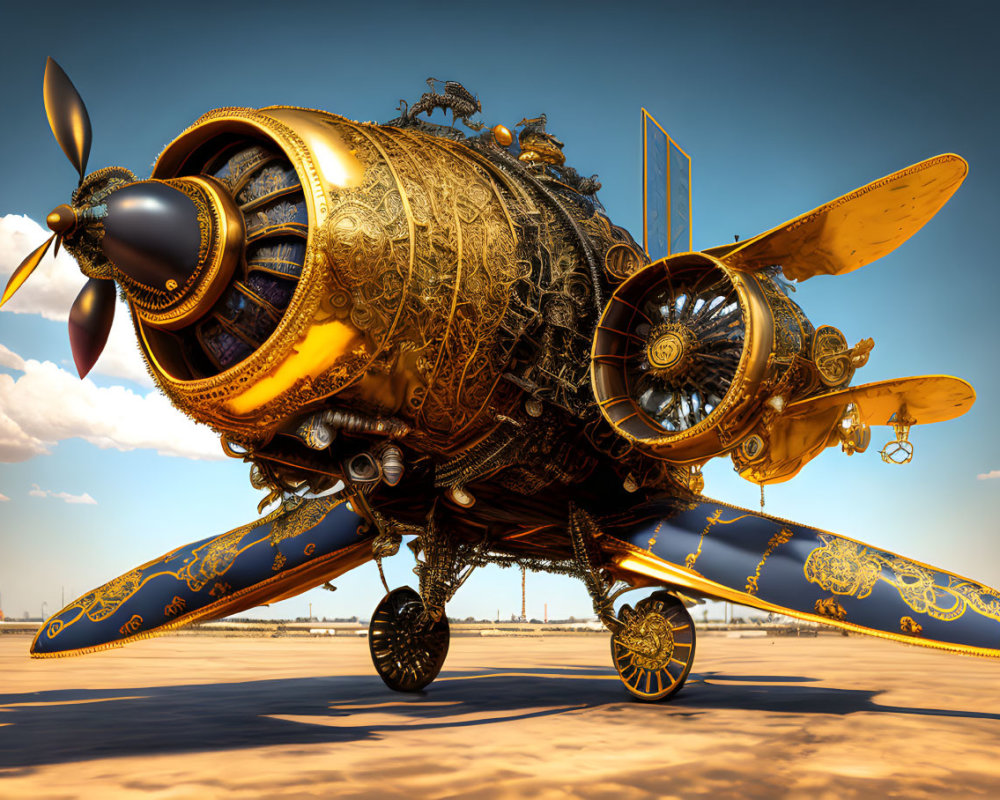 Intricate steampunk-style aircraft with golden accents on sunny tarmac