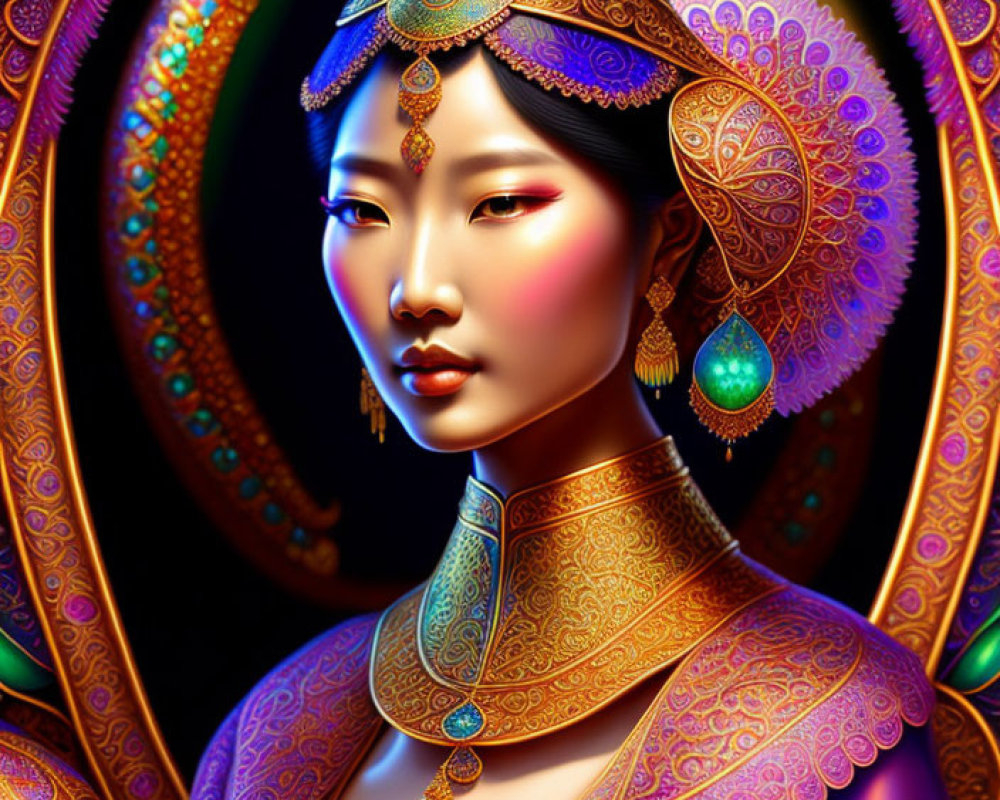 Illustration of woman in traditional attire with gold jewelry on colorful backdrop