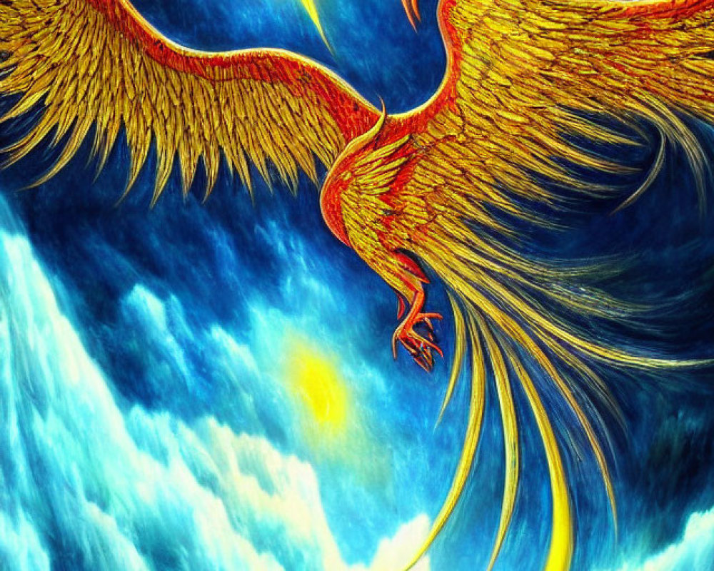 Majestic golden phoenix painting with fiery wings under blue sky