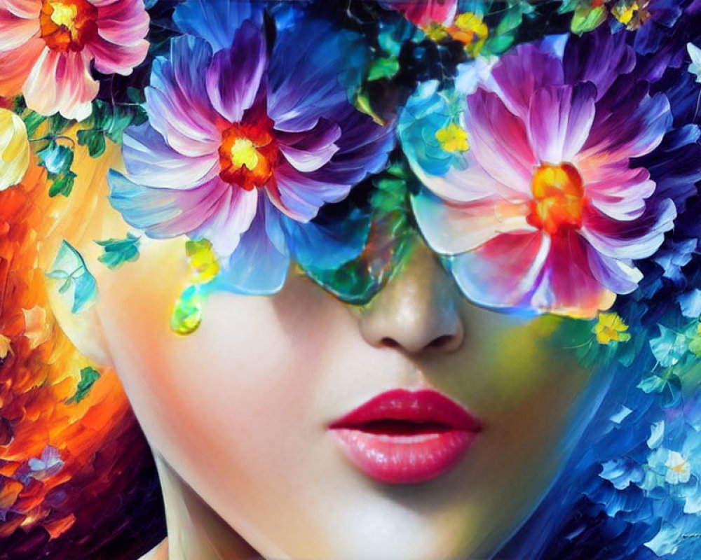 Colorful Artwork: Person with Flower Eyes and Hair in Rainbow Petals