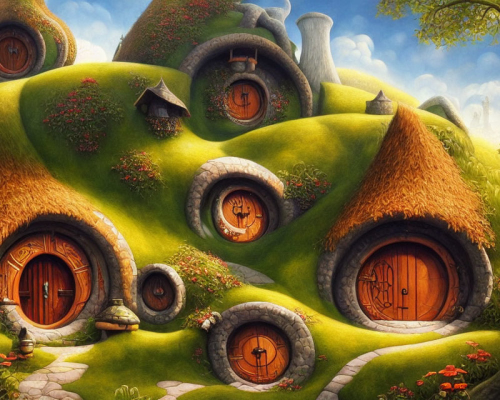 Illustration of quaint hobbit homes on lush hillside