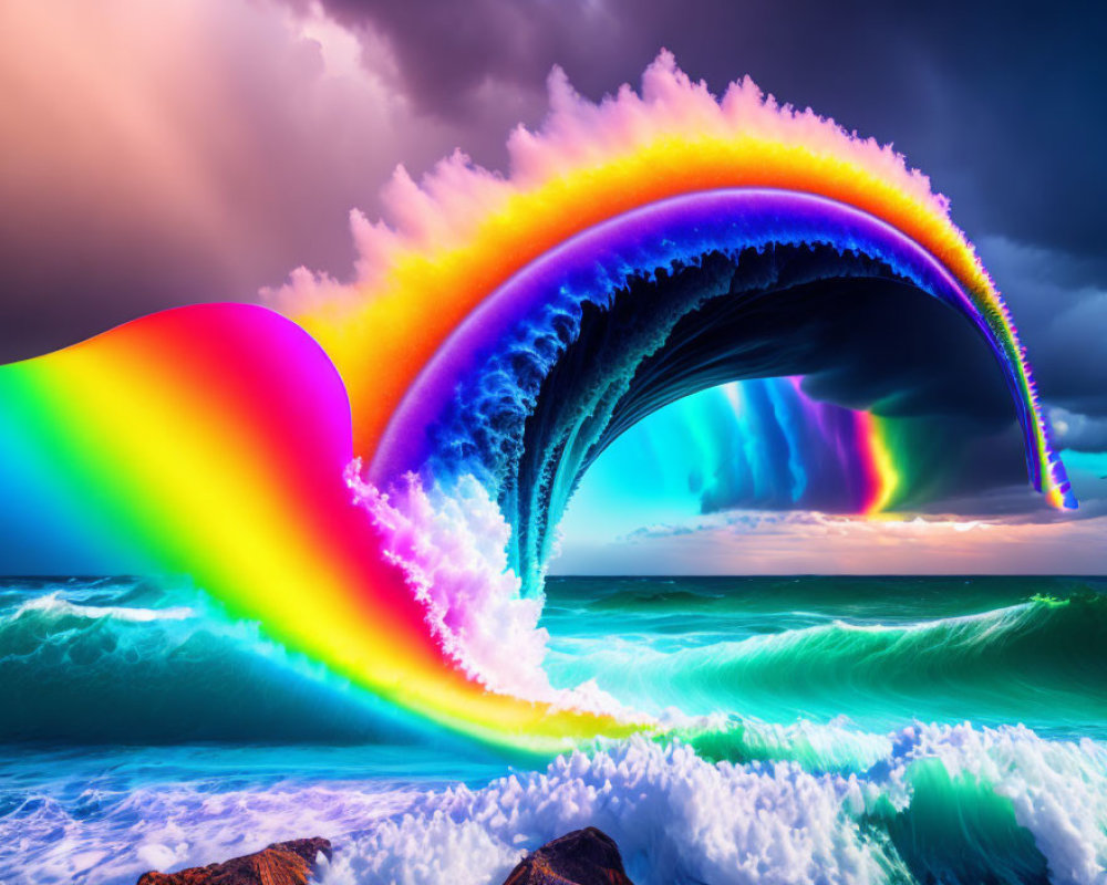 Colorful Rainbow Wave Over Stormy Sea and Sky