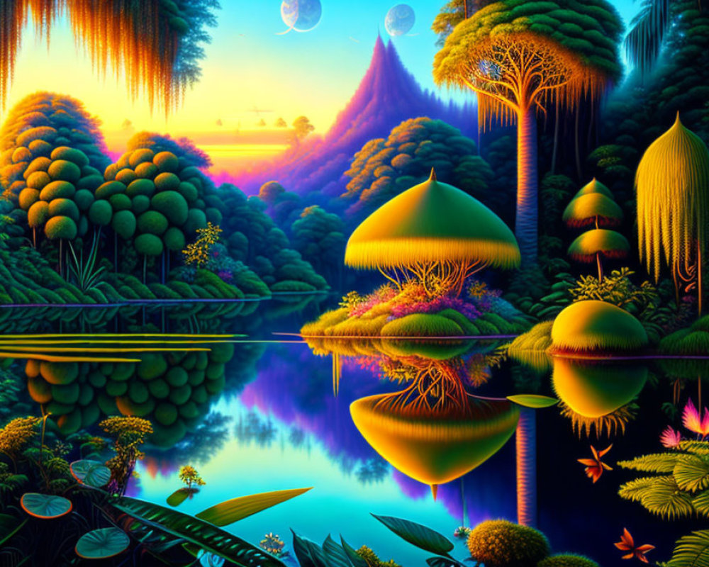 Fantasy landscape with mushroom trees, waterfalls, lake, moons