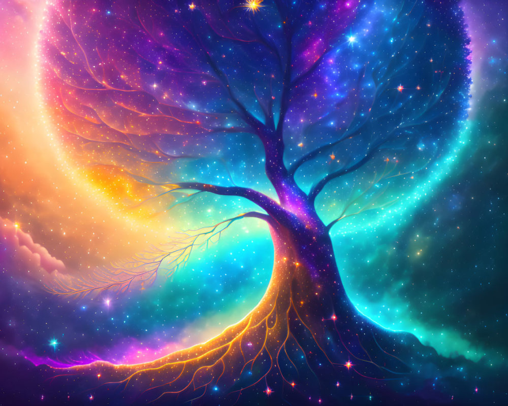 Vibrant cosmic tree with starry night branches and vivid nebula colors