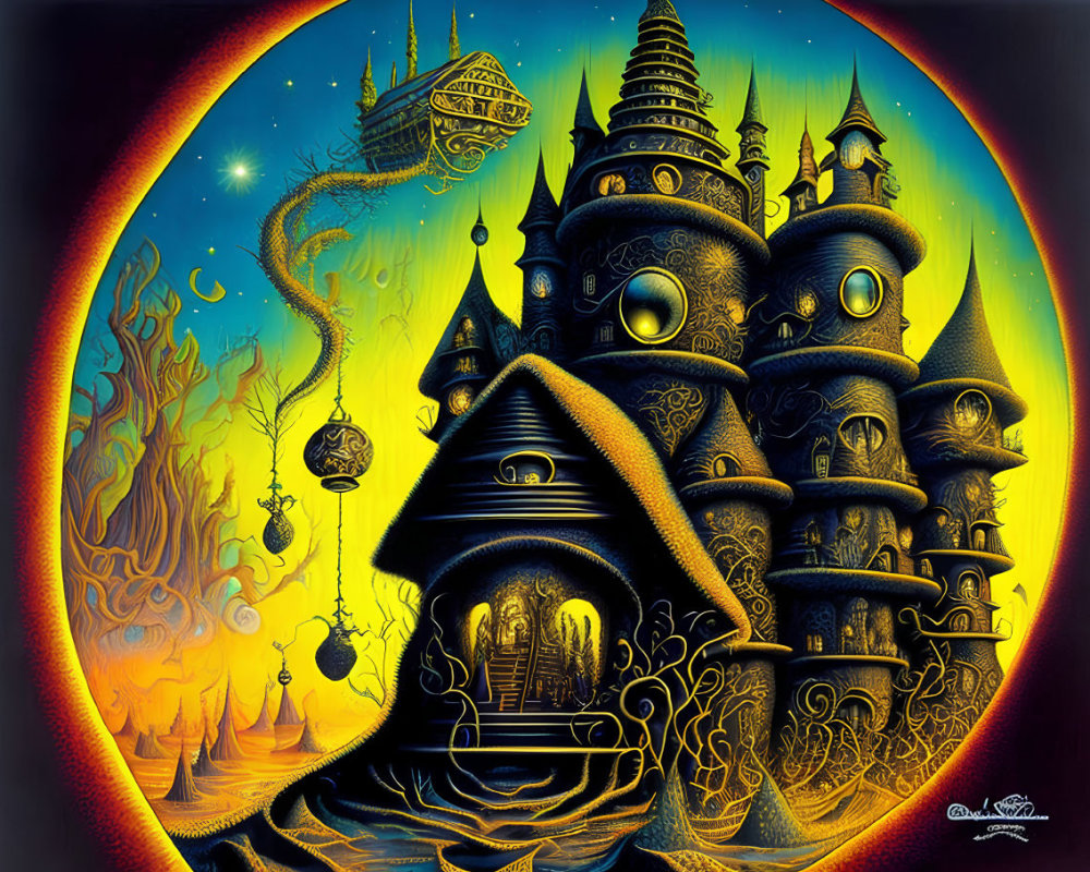 Vibrant surreal artwork: castle, orbs, spacecraft in fiery landscape.