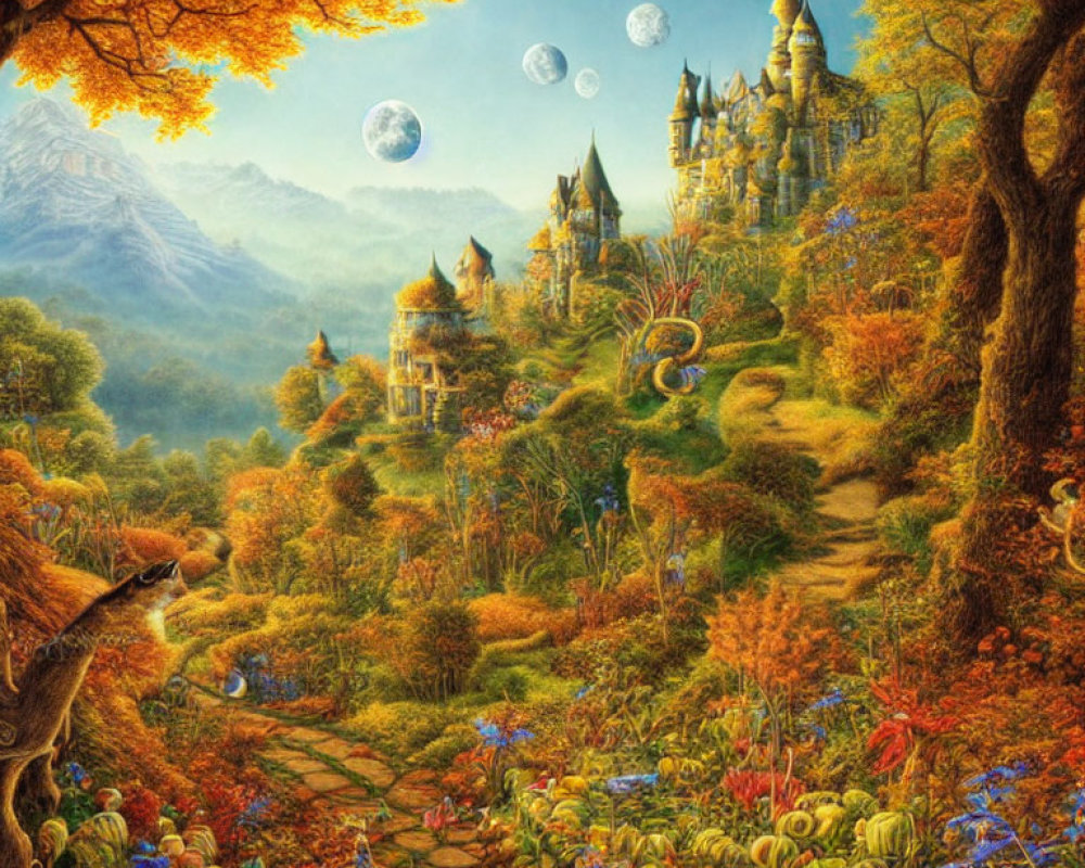 Fantasy landscape with castle, vibrant foliage, and multiple moons