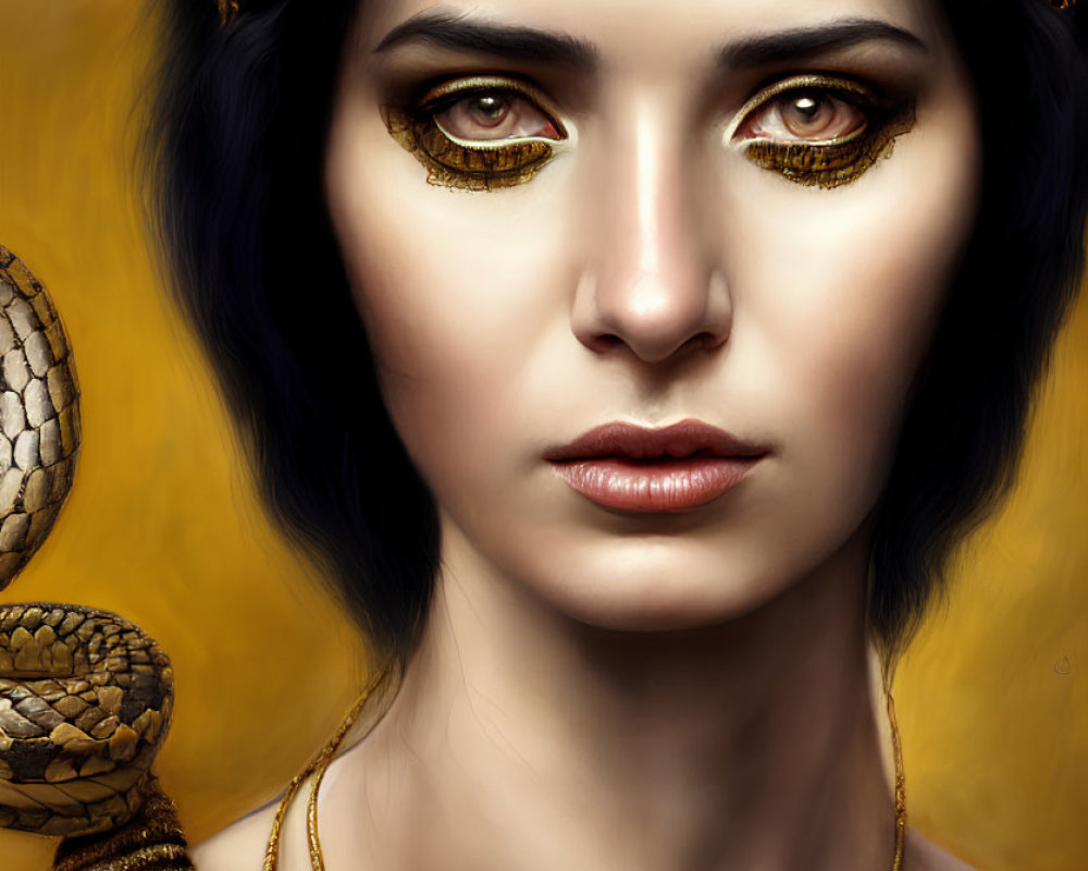 Golden snake-themed makeup portrait of a woman with serpent jewelry.