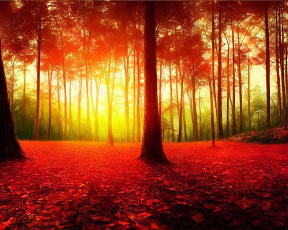 Lush forest scene with tall trees, red leaves, and golden sunlight.