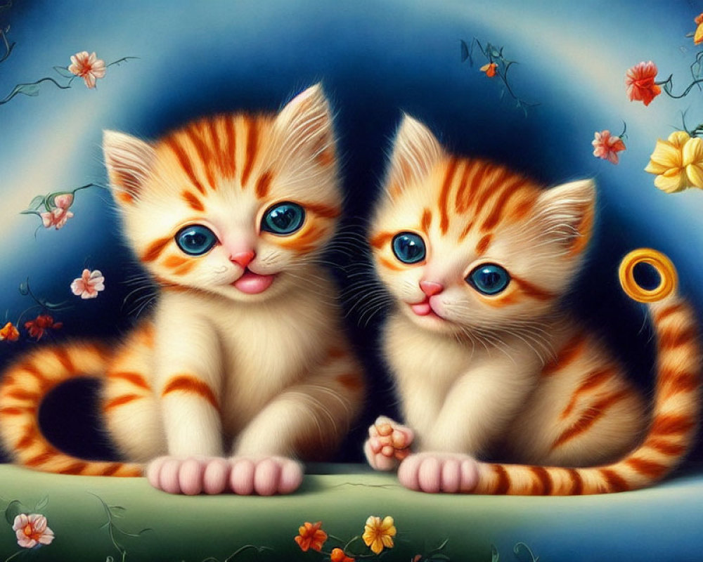 Illustrated Orange and White Kittens Among Flowers