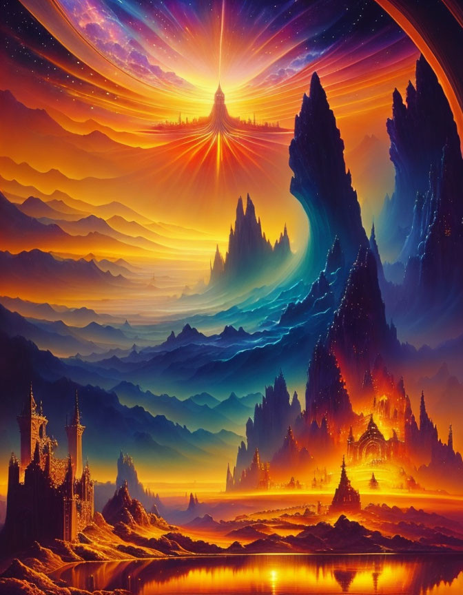 Majestic mountains, glowing sunset, castle in cosmic sky