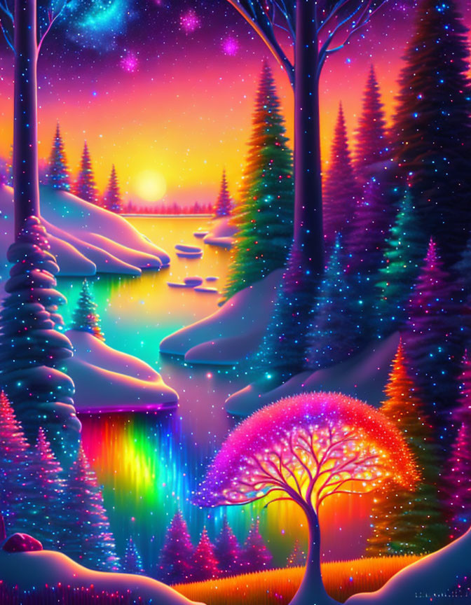 Colorful neon landscape with snow, vibrant trees, river, and starlit sky