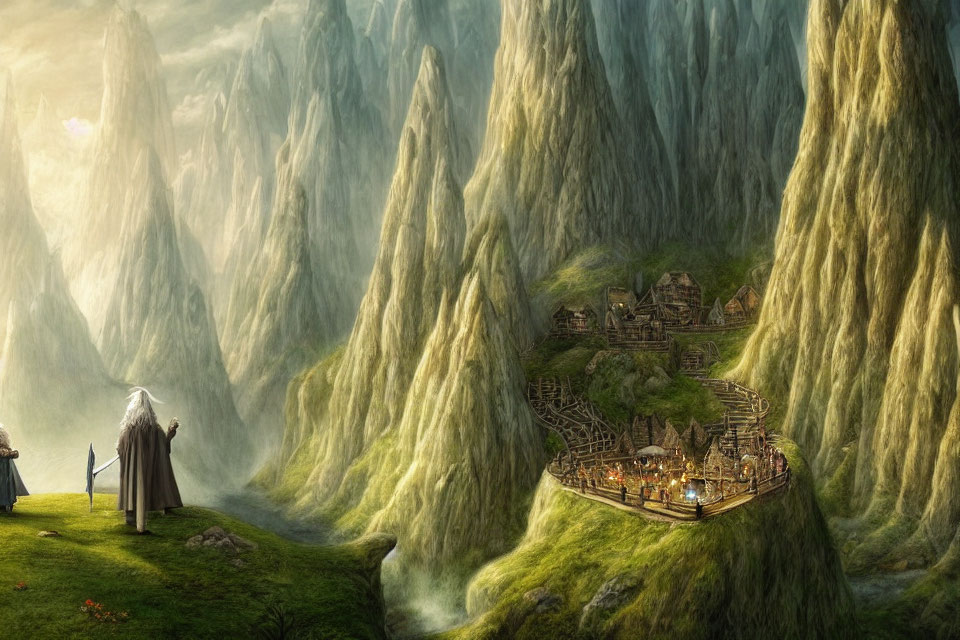 Fantasy landscape with towering cliffs, village, and robed figures