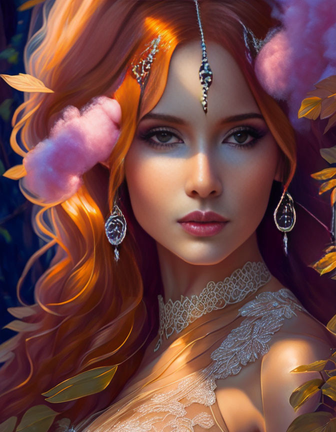 Digital portrait of woman with auburn hair, golden headpiece, feathers, blue eyes, and