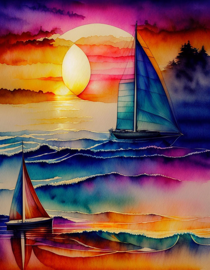 Colorful sailboats on wavy sea at sunset in vibrant watercolor