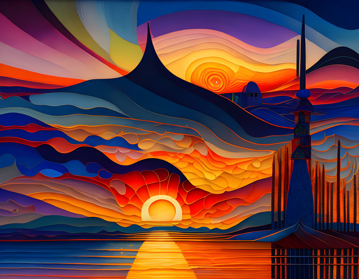 Colorful Artwork: Swirling Patterns in Warm Hues, Surreal Sunset, Bridge, Waves