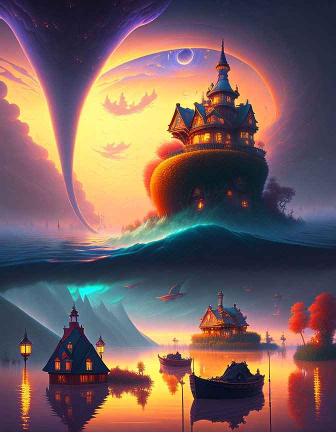 Mystical castle on island under swirling galaxy night sky