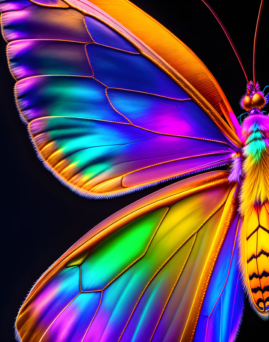 Colorful butterfly with iridescent wings on dark background