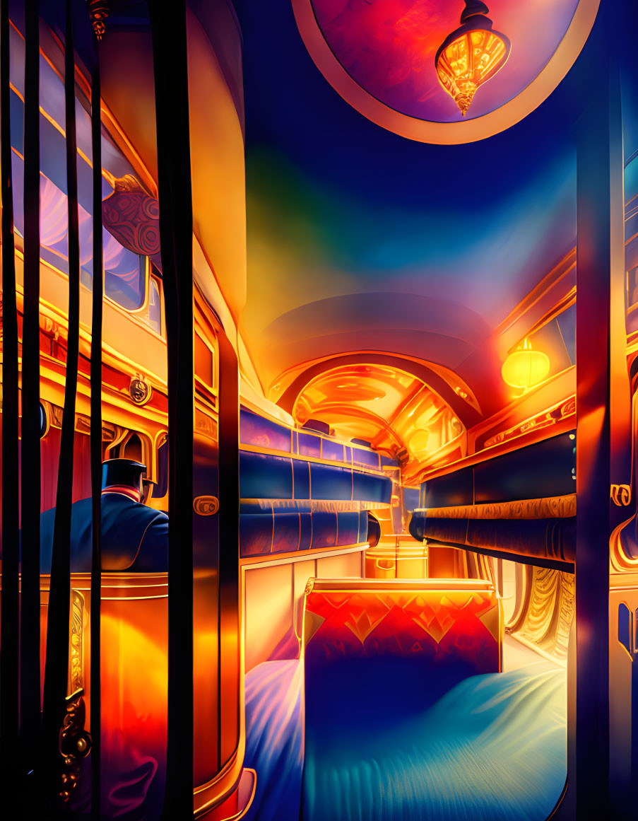 Colorful Vintage Train Car Interior with Rainbow Sky View