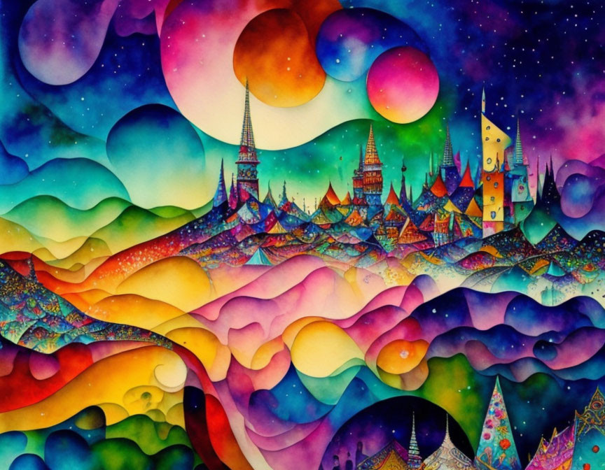 Whimsical watercolor painting of colorful celestial landscape