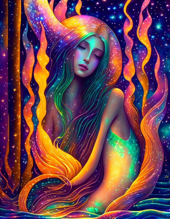 Vibrant psychedelic woman with rainbow hair in cosmic background