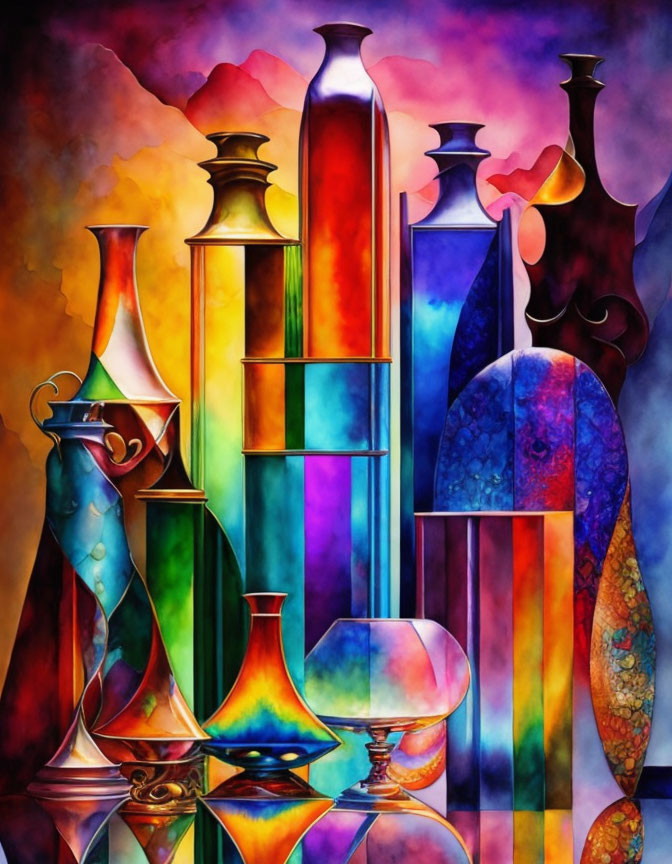 Colorful painting of assorted bottles and vases in stained-glass style