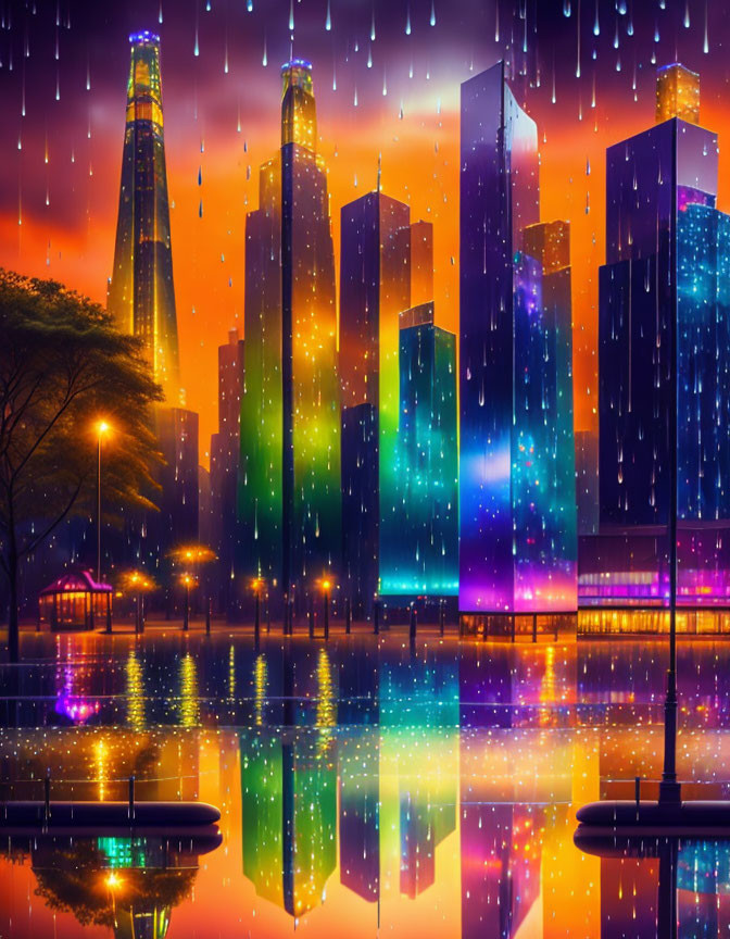 Colorful Night Cityscape with Rainy Skyscraper Backdrop