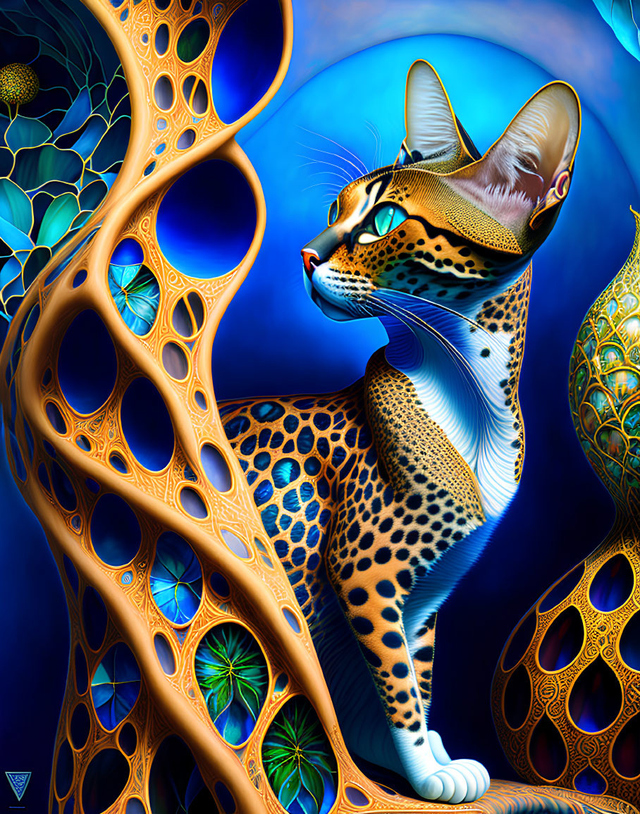 Stylized serval cat artwork with vibrant colors and ornate lattice structure