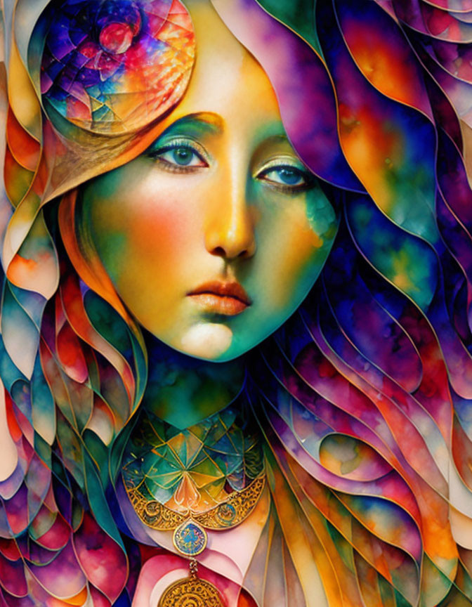 Colorful Artwork Featuring Female Figure in Multifaceted Patterns