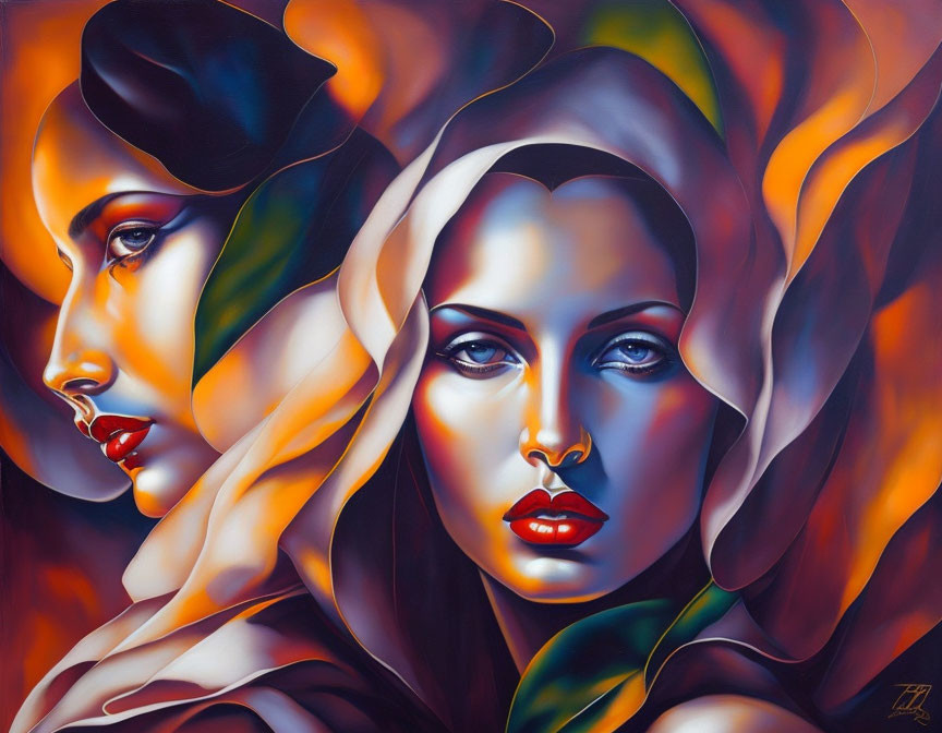 Vibrant surreal painting: Two female faces in orange, yellow, and red hues