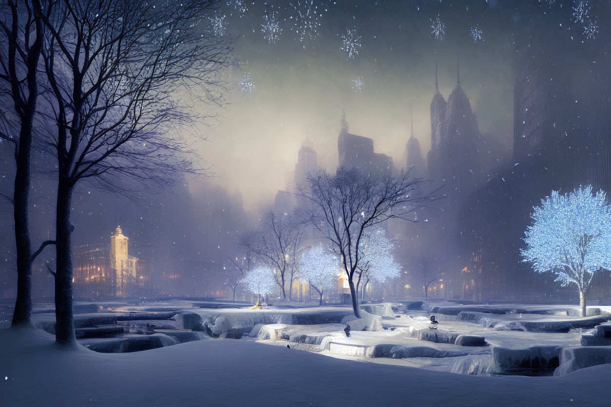 Snow-covered city park at night with illuminated trees and glowing skyscrapers