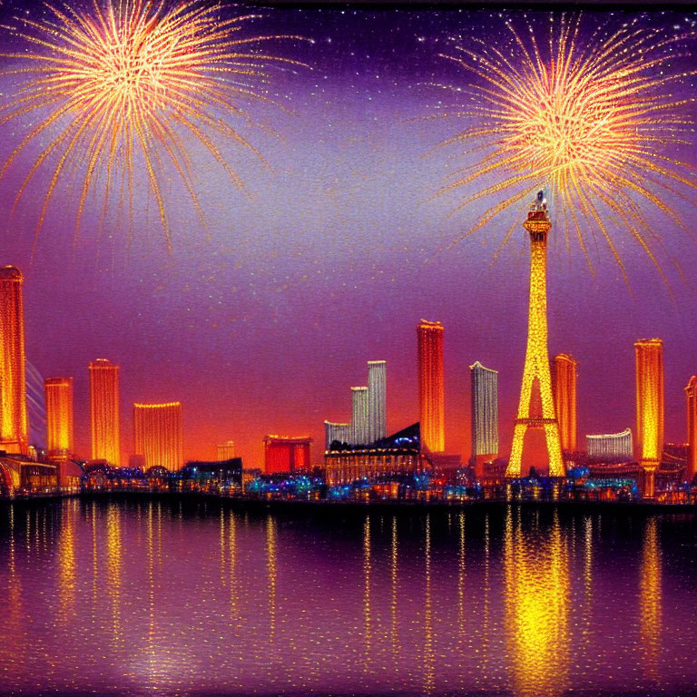 Colorful fireworks over illuminated Eiffel Tower replica at dusk