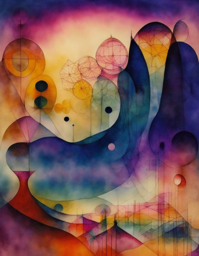 Colorful Abstract Art: Overlapping Watercolor Shapes in Purple, Yellow, and Red