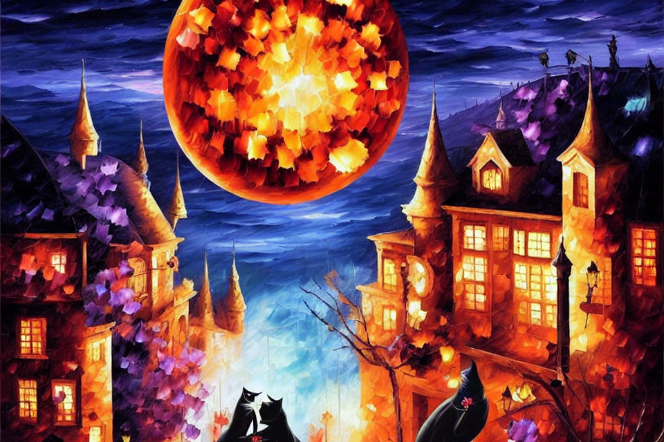 Vivid Halloween-themed painting with illuminated buildings, oversized moon, autumn trees, and black cat silhou