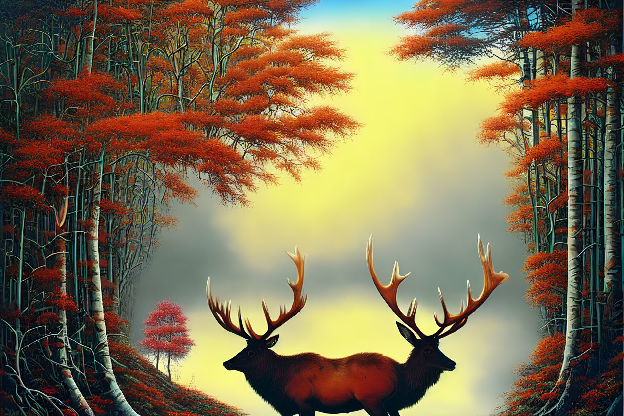 Majestic stags with large antlers in surreal forest landscape