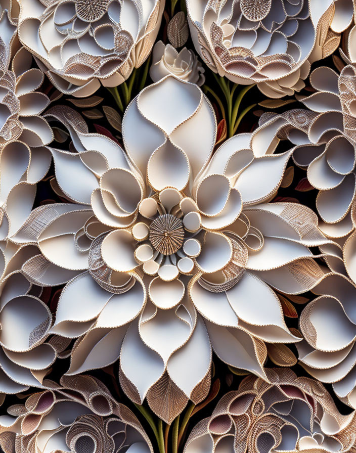 Layered White and Gold Floral Paper Art Sculpture with Detailed Blooming Center